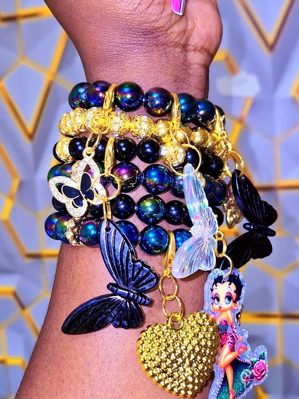Gold & Black Butterfly Charm Stacked Bracelet Set - Women Jewelry
